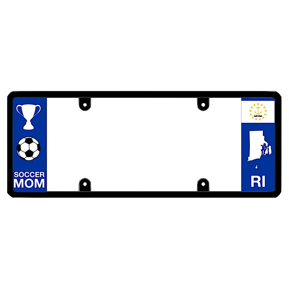 Rhode Island license plate frame soccer mom wrap by DFS, the official license frame of America. Drive your identity with protective SUV and sedan trim carrying a crisp white championship trophy, soccer ball graphic, and an ocean blue RI state map icon.