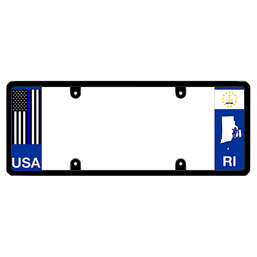 Rhode Island license plate frame thin blue line auto rim by DFS, the official license frame of America. Drive your identity with police officer, state patrol, and sheriff support gear displaying a blacked-out pro-law enforcement flag stripe and local RI state anchor graphic print.
