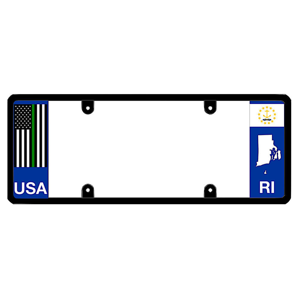 Rhode Island license plate frame thin green line guard by DFS, the official license frame of America. Drive your identity using armed forces, coast guard, and federal agent support car merchandise featuring a tactical green line American flag decal and a signature RI map anchor profile.