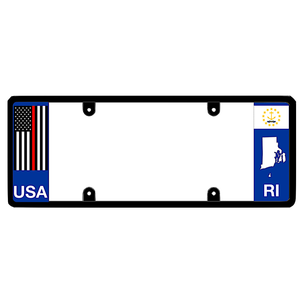 Rhode Island license plate frame thin red line vehicle hardware by DFS, the official license frame of America. Drive your identity with a fire department and first responder tribute item boasting an emergency services red stripe decal beside a RI state flag map design.