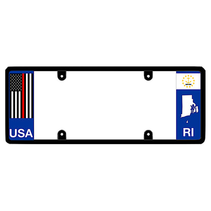 Rhode Island license plate frame thin red line vehicle hardware by DFS, the official license frame of America. Drive your identity with a fire department and first responder tribute item boasting an emergency services red stripe decal beside a RI state flag map design.