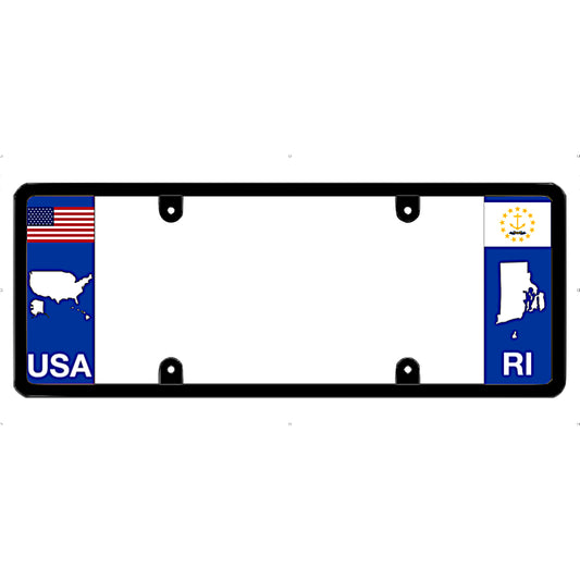 License plate frame with USA and Rhode Island flags on a white background