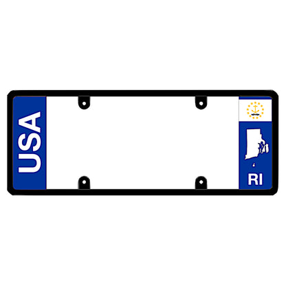 Rhode Island license plate frame USA text mount by DFS, the official license frame of America. Drive your identity with an all-weather automotive guard displaying clean block USA lettering alongside a minimalist gold and white RI state flag anchor pattern.