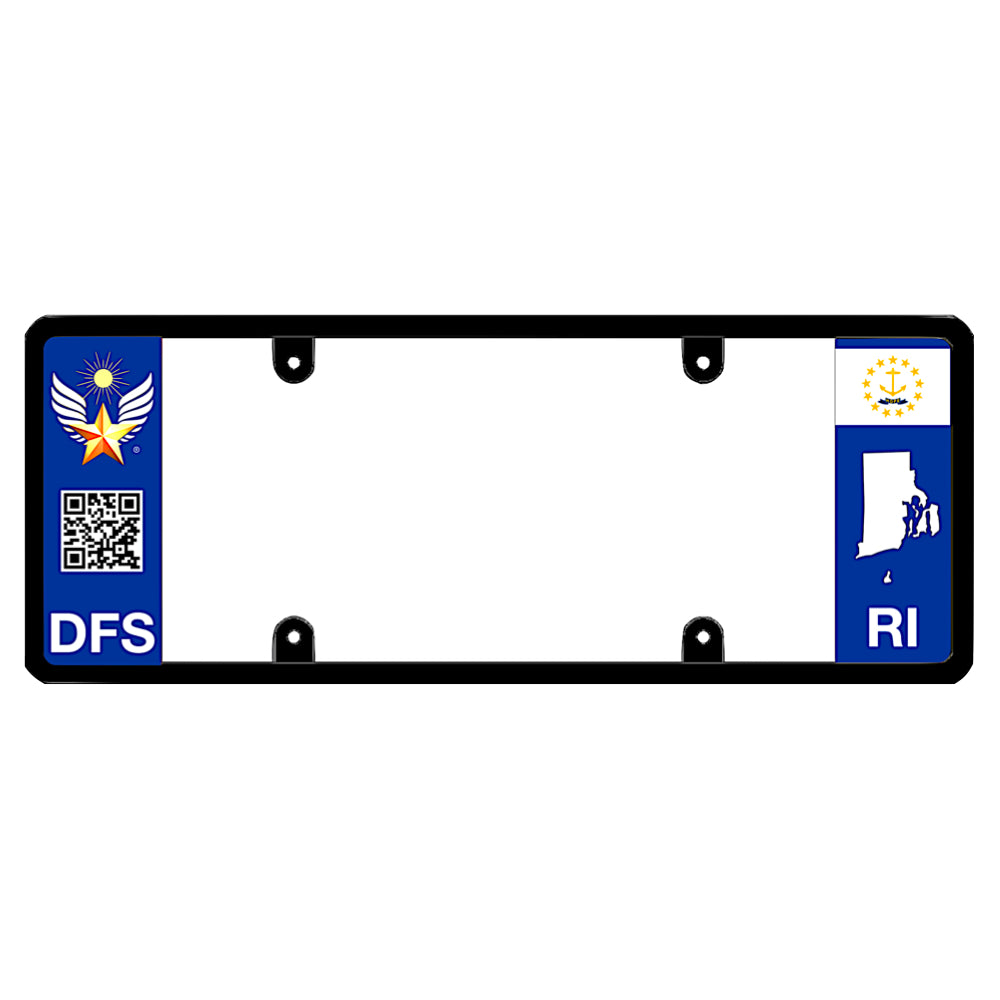 Rhode Island license plate frame custom badge by DFS, the official license frame of America. Drive your identity with a high-tech smart car exterior accessory featuring DFS golden sun winged star emblem medallion, scannable QR code graphic, and local RI state logo styling.
