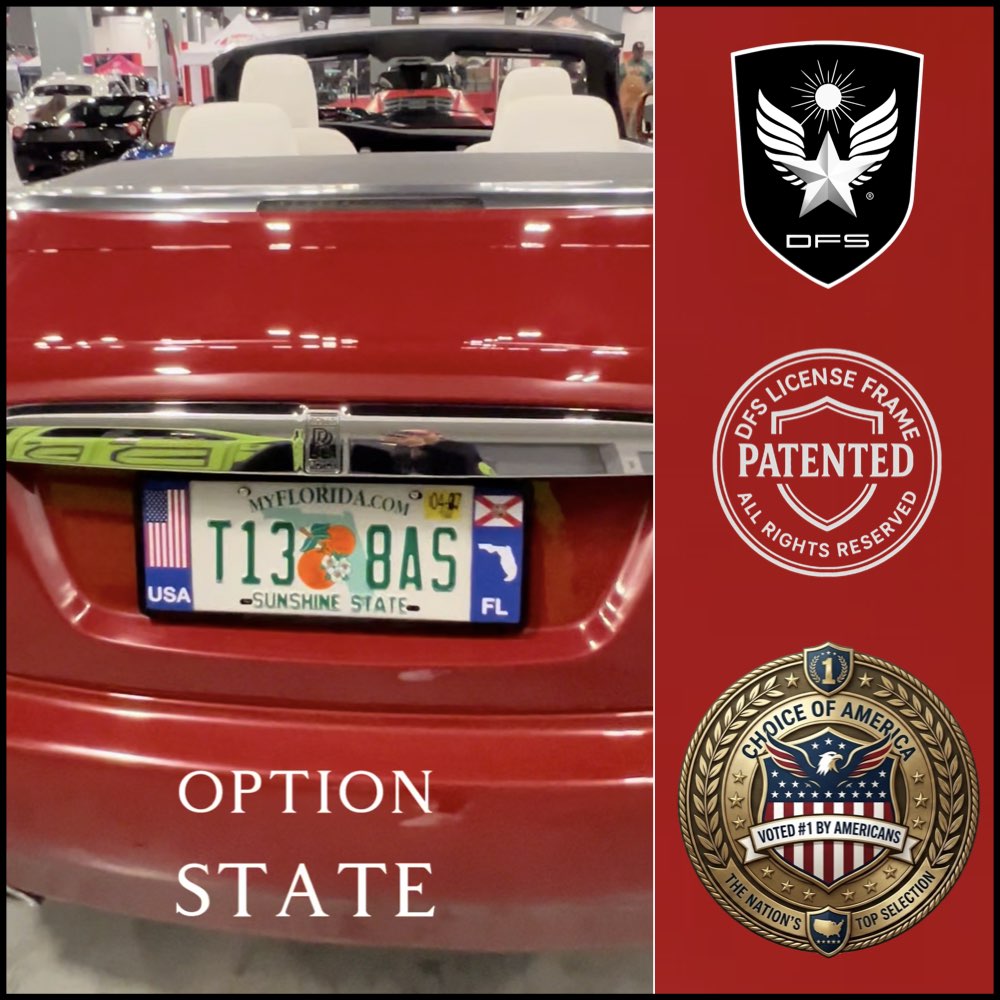 Unique license plate frame with patented on a red Rolls Royce luxury convertible Florida option by DFS Brands.