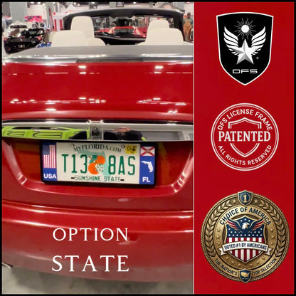 Unique license plate frame with patented on a red Rolls Royce luxury convertible Florida option by DFS Brands.
