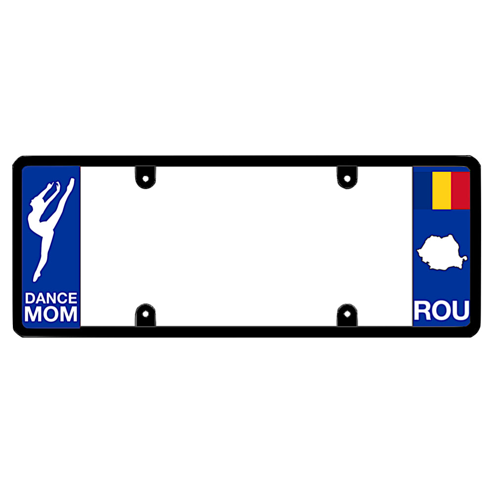 A dance mom themed black elongated Romania license plate frame with a white dancer silhouette on the left and a Romanian flag, map silhouette, and ROU text on the right by DFS Brands.