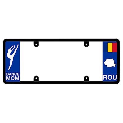 A dance mom themed black elongated Romania license plate frame with a white dancer silhouette on the left and a Romanian flag, map silhouette, and ROU text on the right by DFS Brands.