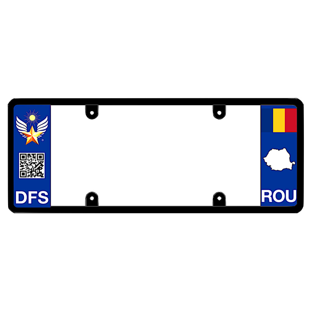 Official DFS Brands patented Romania license plate frame with a scan QR code panel on the left and a Romanian flag, map silhouette, and ROU text on the right.