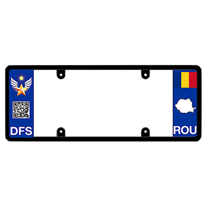Official DFS Brands patented Romania license plate frame with a scan QR code panel on the left and a Romanian flag, map silhouette, and ROU text on the right.