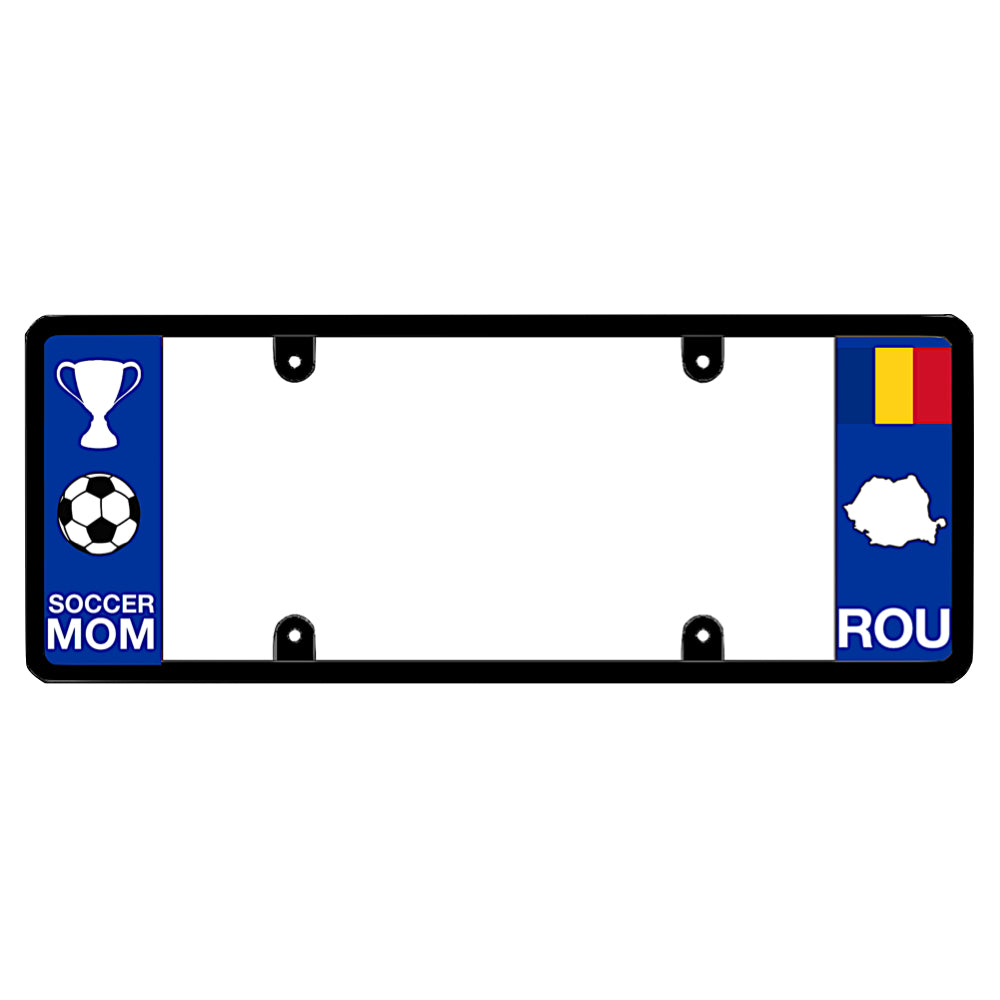 A black elongated Romania license plate frame with a soccer mom theme and on the left and a Romanian flag, map silhouette, and ROU text on the right by DFS Brands.