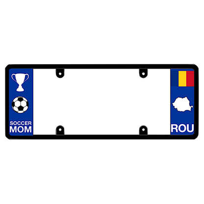 A black elongated Romania license plate frame with a soccer mom theme and on the left and a Romanian flag, map silhouette, and ROU text on the right by DFS Brands.