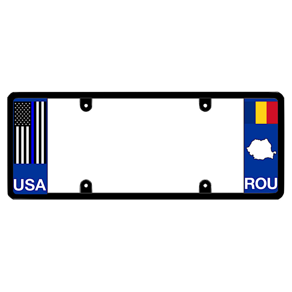 A black elongated Romania license plate frame with a thin blue line law enforcement flag on the left and a Romanian flag, map silhouette, and ROU text on the right by DFS Brands.