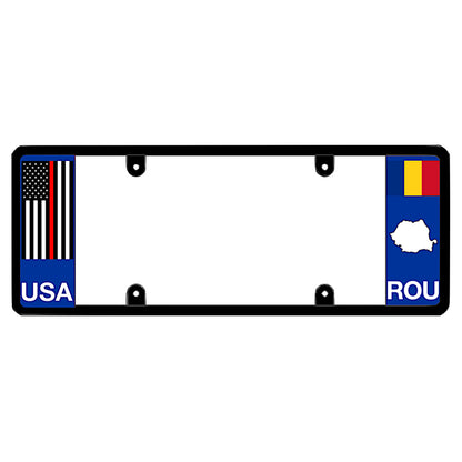 A black elongated Romania license plate frame featuring a thin red line firefighter flag on the left and a Romanian flag, map silhouette, and ROU text on the right by DFS Brands.