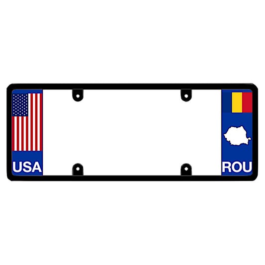 Romania License plate frame with American and Romanian ROU flags on a white background