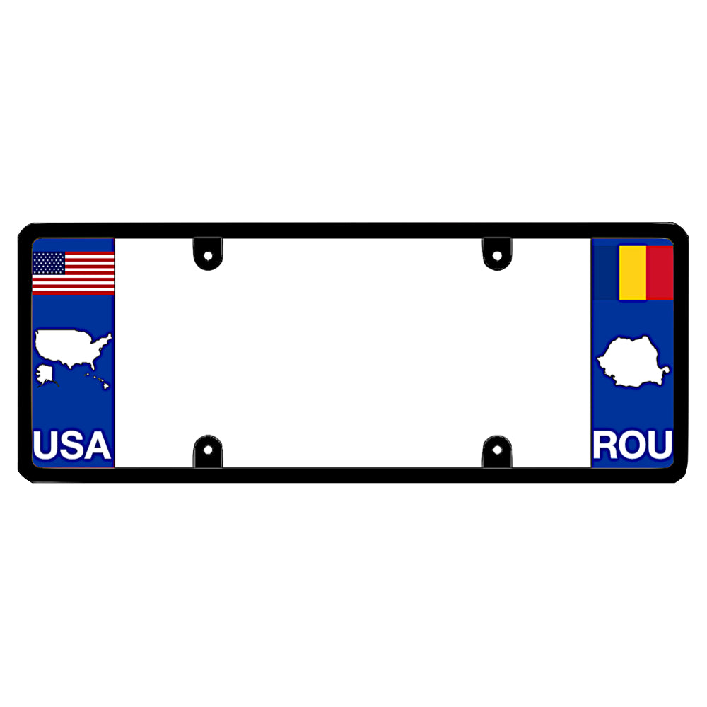 A black elongated Romania car tag holder displaying a USA map outline on the left and a Romanian flag, map silhouette, and ROU text on the right by DFS Brands.
