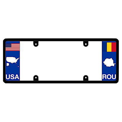 A black elongated Romania car tag holder displaying a USA map outline on the left and a Romanian flag, map silhouette, and ROU text on the right by DFS Brands.