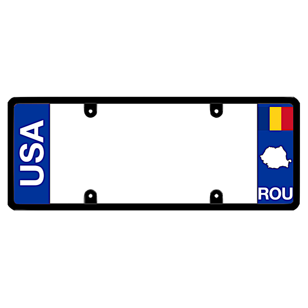 A black elongated Romania license plate frame showing clean bold vertical USA text on the left and a Romanian flag, map silhouette, and ROU text on the right by DFS Brands.