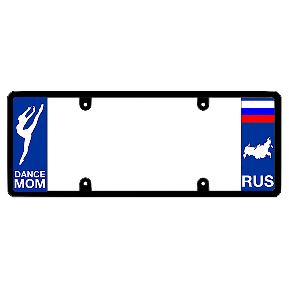 License plate frame with a dance mom graphic on the left and a Russia flag on the right by DFS Brands.