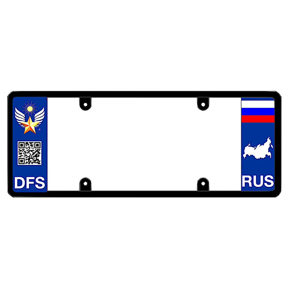 License plate frame with a scan QR code panel on the left and a Russia flag on the right by DFS Brands.