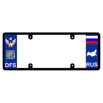 License plate frame with a scan QR code panel on the left and a Russia flag on the right by DFS Brands.