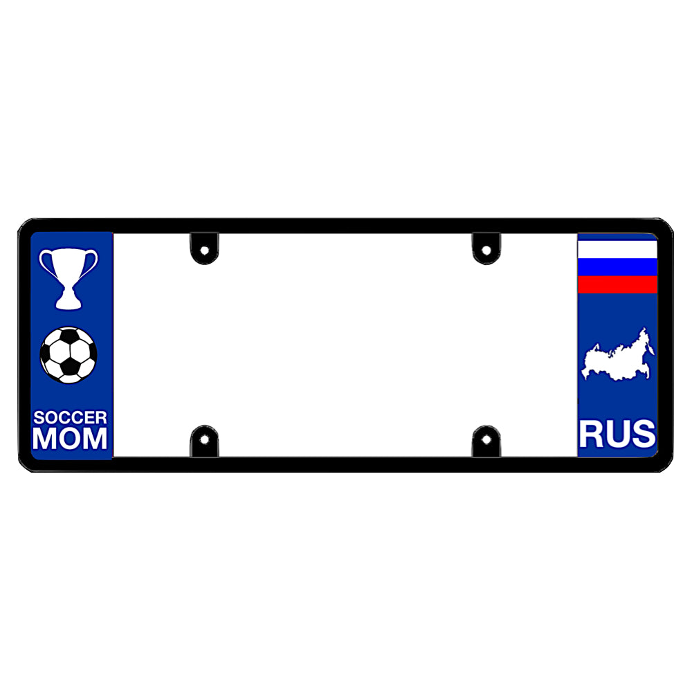License plate frame with a soccer mom graphic on the left and a Russia flag on the right by DFS Brands.