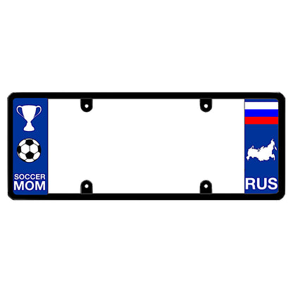 License plate frame with a soccer mom graphic on the left and a Russia flag on the right by DFS Brands.