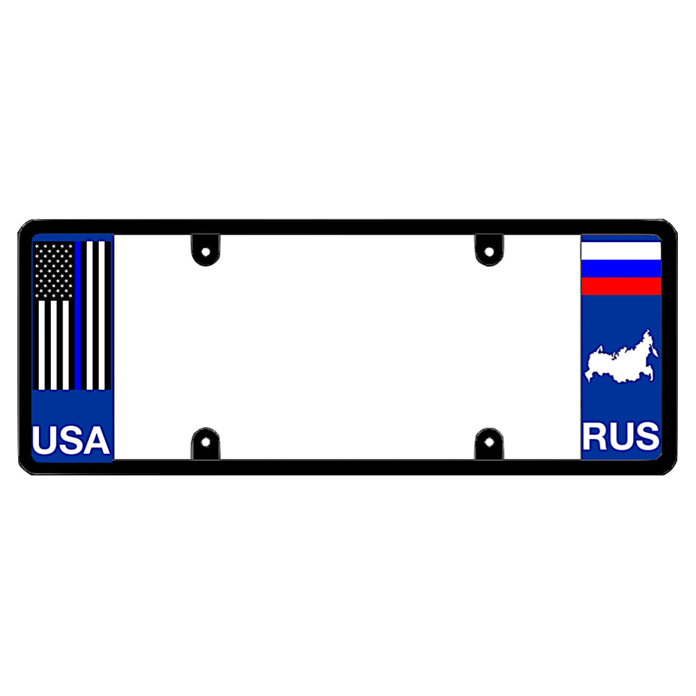 License plate frame with a thin blue line flag on the left and a Russia flag on the right by DFS Brands.