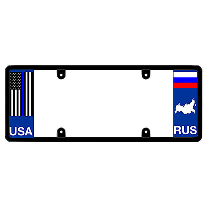 License plate frame with a thin blue line flag on the left and a Russia flag on the right by DFS Brands.