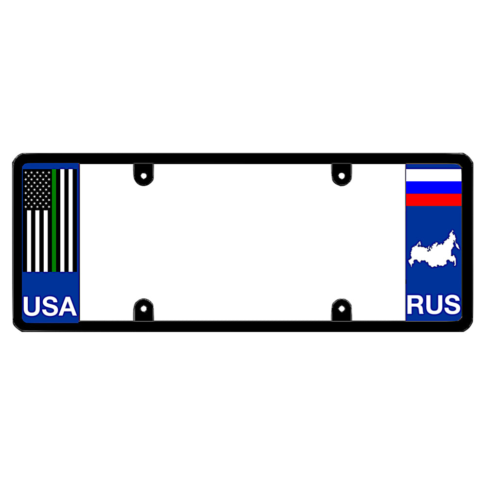 License plate frame with a thin green line flag on the left and a Russia flag on the right by DFS Brands.