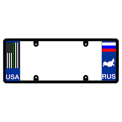 License plate frame with a thin green line flag on the left and a Russia flag on the right by DFS Brands.