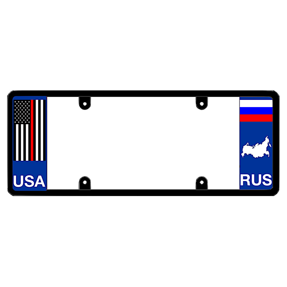 License plate frame with a thin red line flag on the left and a Russia flag on the right by DFS Brands.