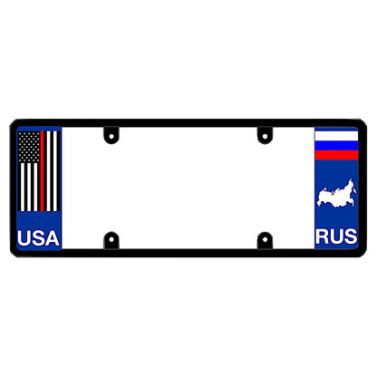 License plate frame with a thin red line flag on the left and a Russia flag on the right by DFS Brands.