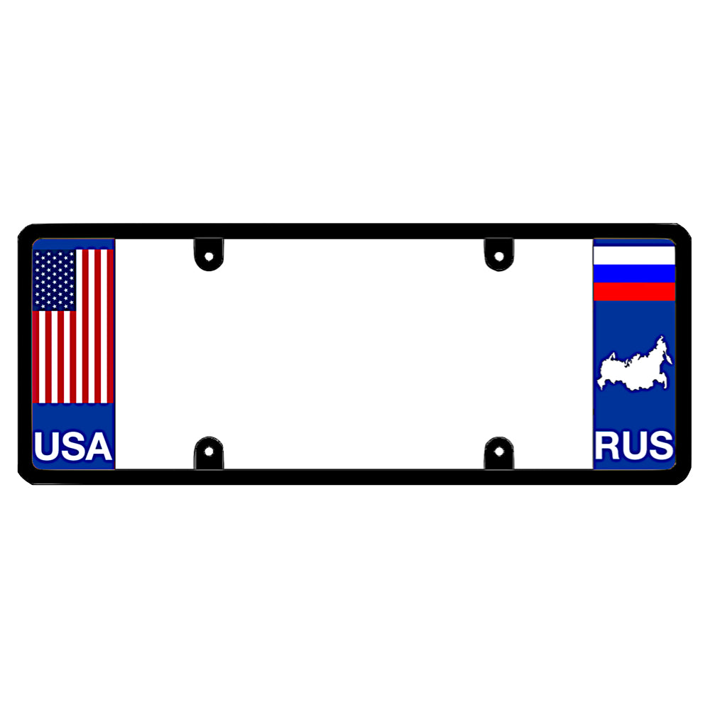 License plate frame with a USA flag graphic on the left and a Russia flag on the right by DFS Brands.