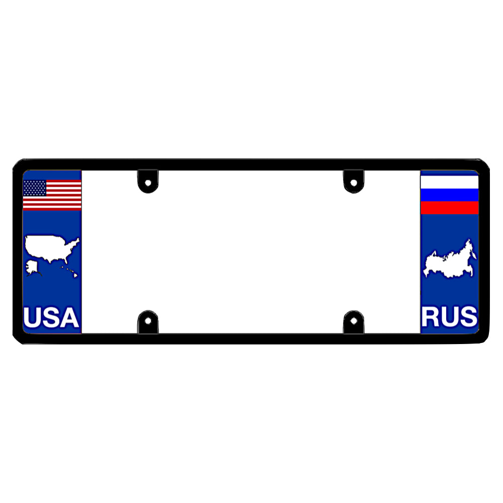 License plate frame with a USA map graphic on the left and a Russia flag on the right by DFS Brands.