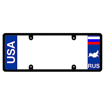 License plate frame with bold vertical USA text on the left and a Russia flag on the right by DFS Brands.