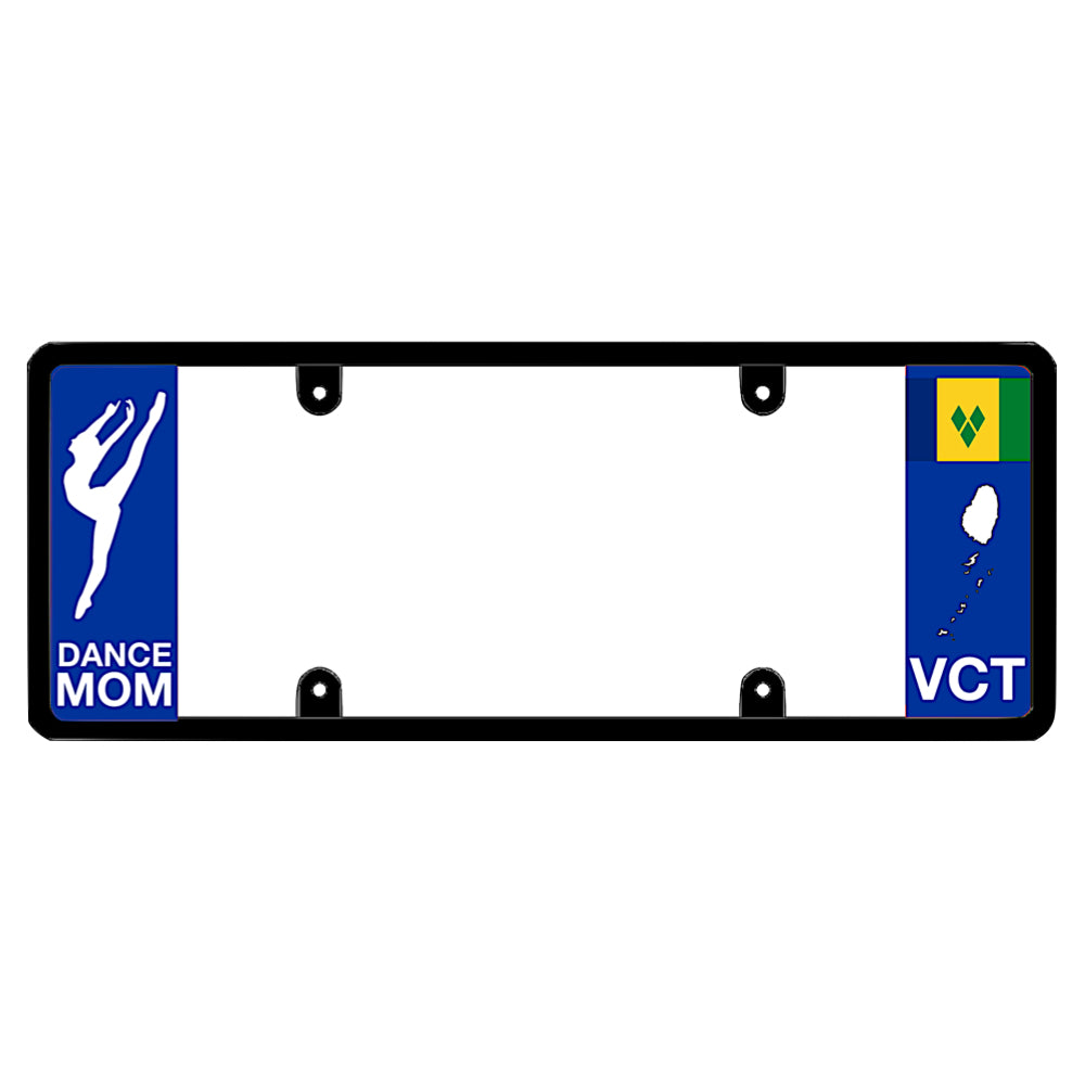 License plate frame with a soccer mom graphic on the left and a Saint Vincent flag on the right by DFS Brands.