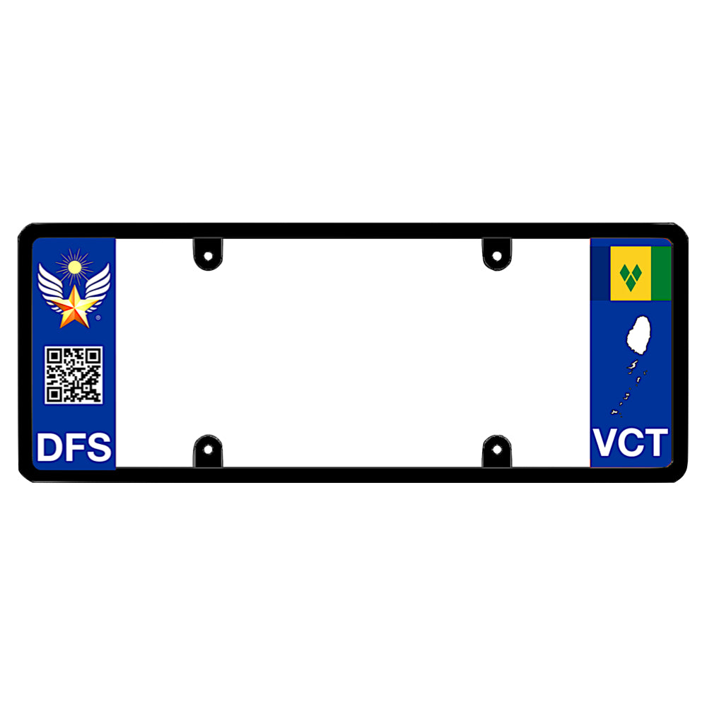 License plate frame with a scan QR code panel on the left and a Saint Vincent flag on the right by DFS Brands.