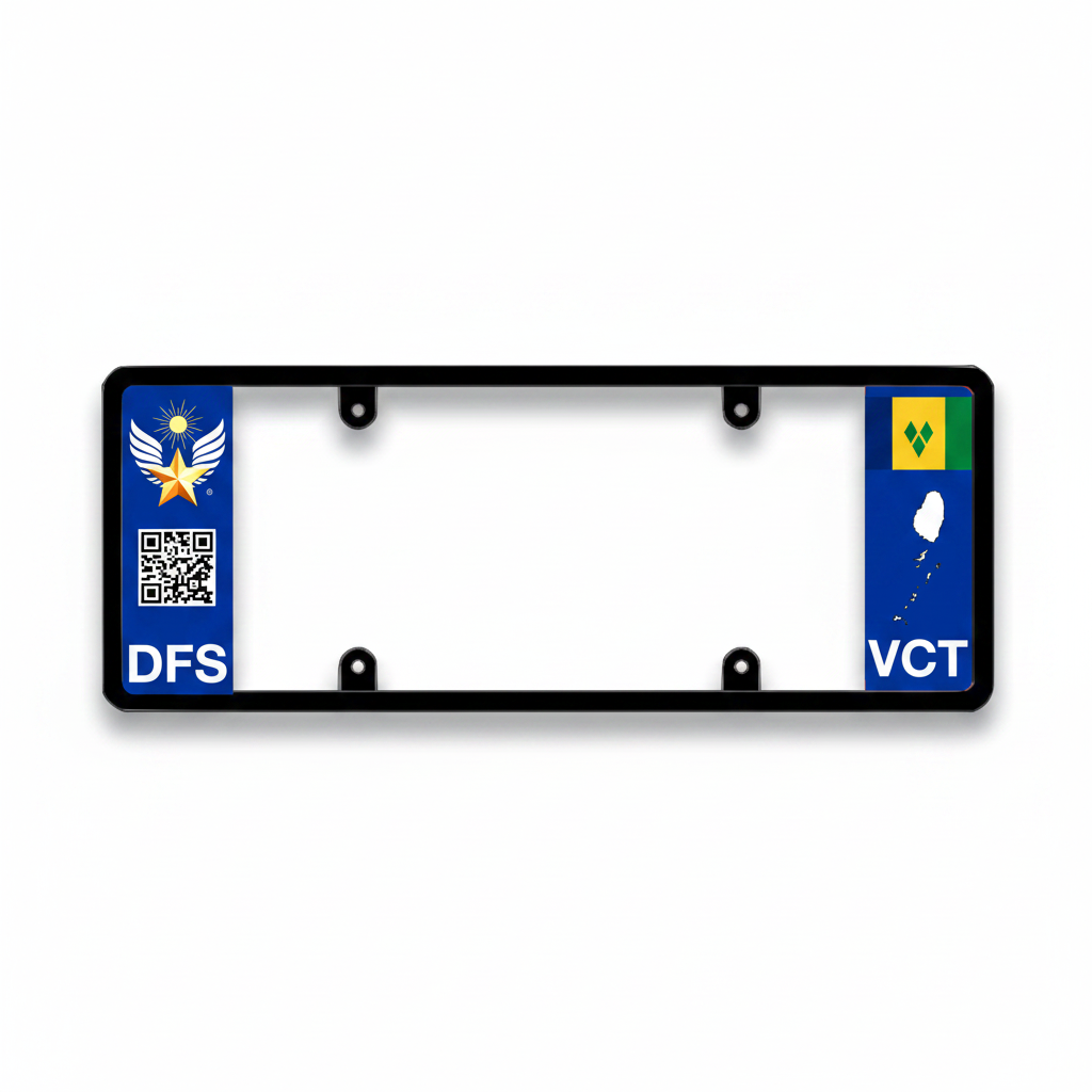 Black license plate frame with DFS and VCT logos on a white background