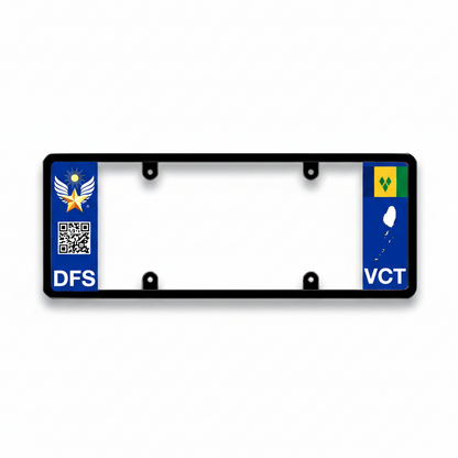 Black license plate frame with DFS and VCT logos on a white background