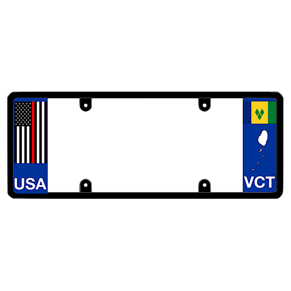License plate frame with a thin red line flag on the left and a Saint Vincent flag on the right by DFS Brands.