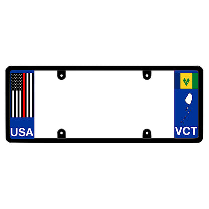 License plate frame with a thin red line flag on the left and a Saint Vincent flag on the right by DFS Brands.
