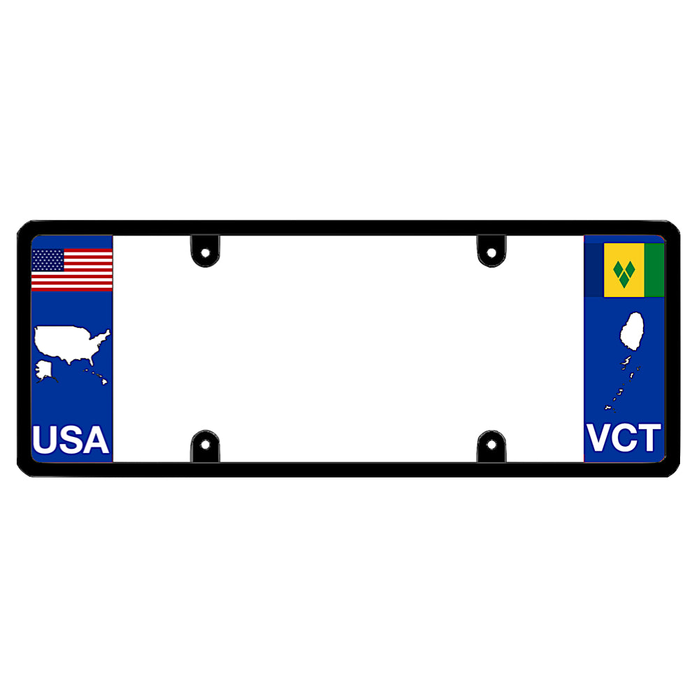 License plate frame with a USA map graphic on the left and a Saint Vincent flag on the right by DFS Brands.