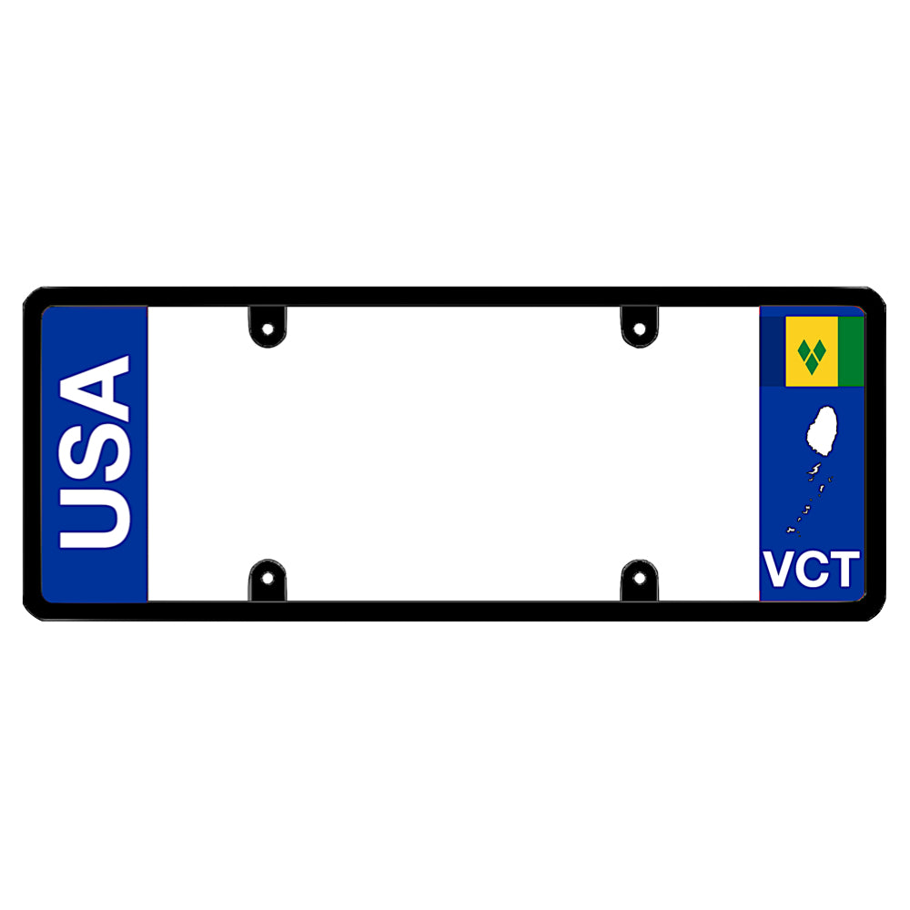License plate frame with bold vertical USA text on the left and a Saint Vincent flag on the right by DFS Brands.
