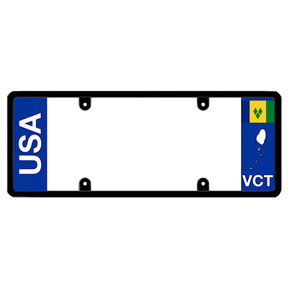 License plate frame with bold vertical USA text on the left and a Saint Vincent flag on the right by DFS Brands.