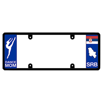 License plate frame with a dance mom graphic on the left and a Serbia flag on the right by DFS Brands.