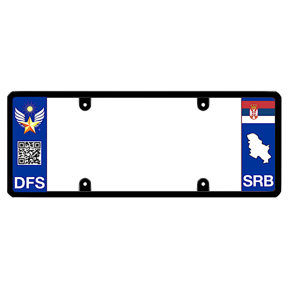 License plate frame with a scan QR code panel on the left and a Serbia flag on the right by DFS Brands.