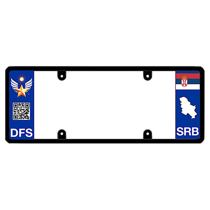 License plate frame with a scan QR code panel on the left and a Serbia flag on the right by DFS Brands.