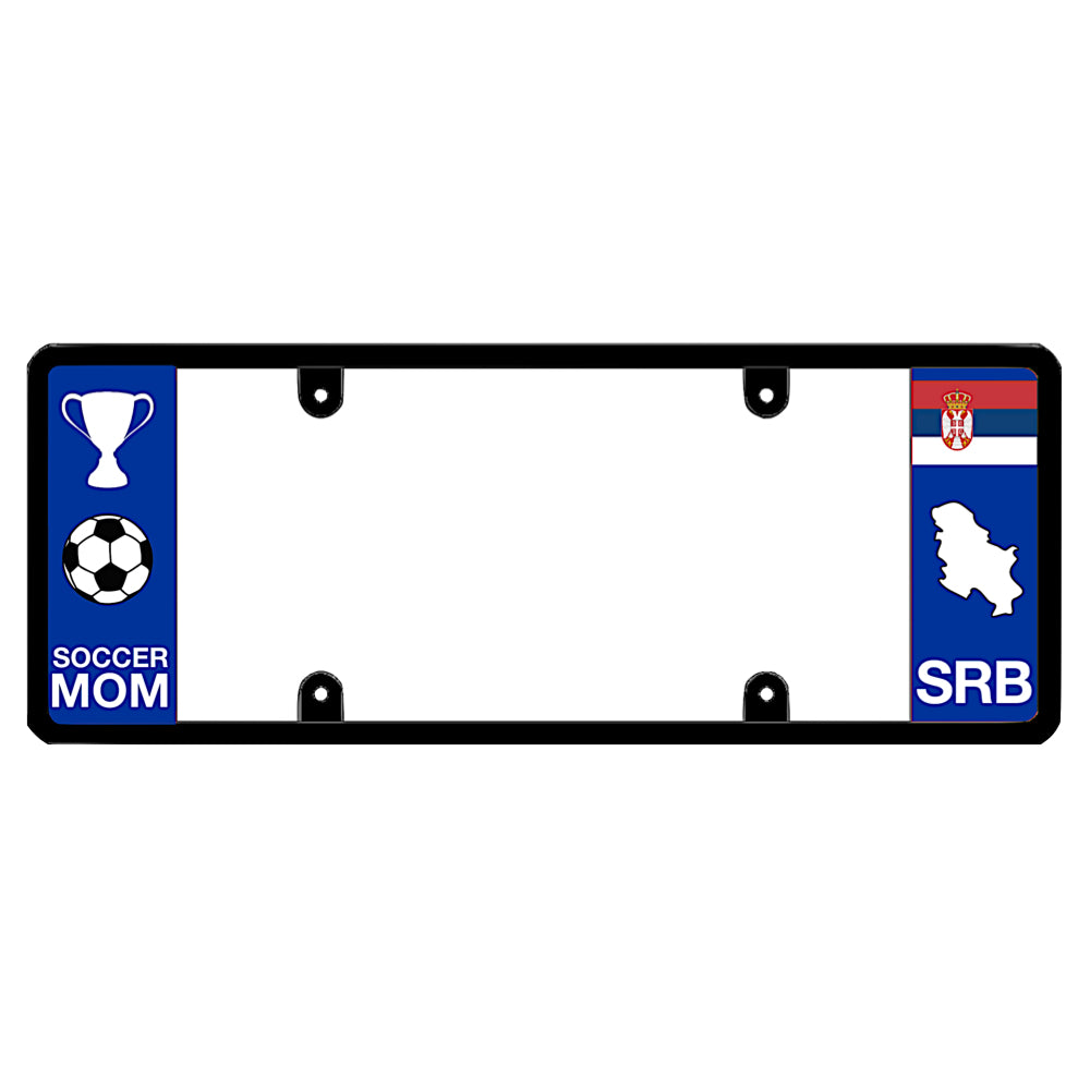 License plate frame with a soccer mom graphic on the left and a Serbia flag on the right by DFS Brands.