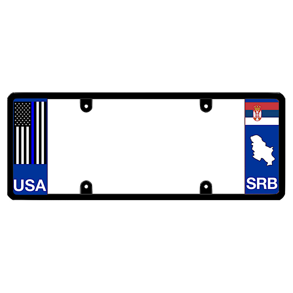 License plate frame with a thin blue line flag on the left and a Serbia flag on the right by DFS Brands.